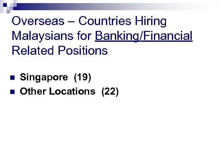Overseas – Countries Hiring Malaysians for Banking/Financial Related Positions n n Singapore (19) Other