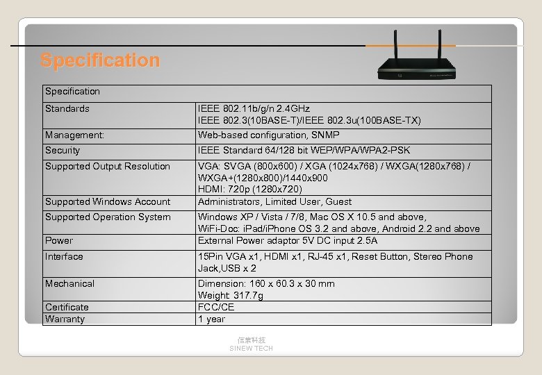 Specification Standards IEEE 802. 11 b/g/n 2. 4 GHz IEEE 802. 3(10 BASE-T)/IEEE 802.