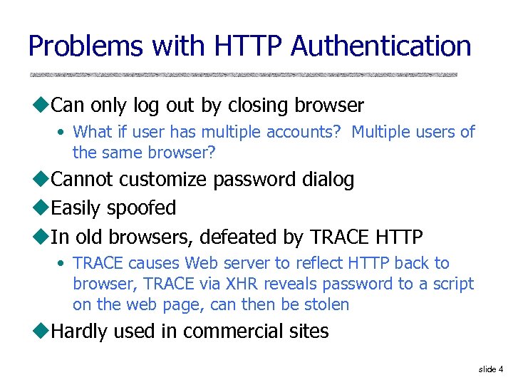 Problems with HTTP Authentication u. Can only log out by closing browser • What