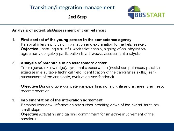 Transition/integration management 2 nd Step Analysis of potentials/Assessment of competences 1. First contact of