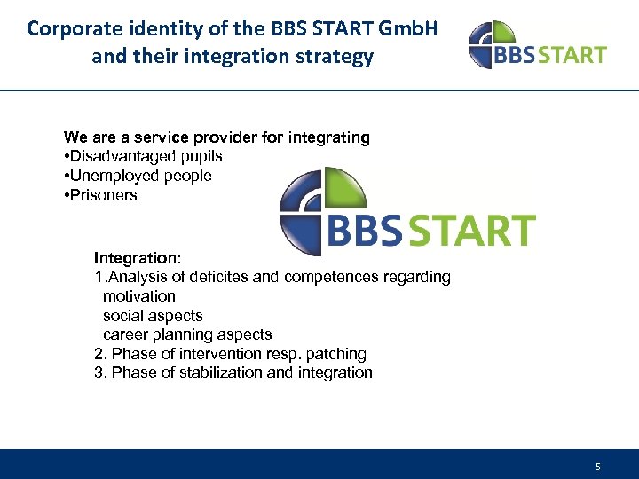 Corporate identity of the BBS START Gmb. H and their integration strategy We are