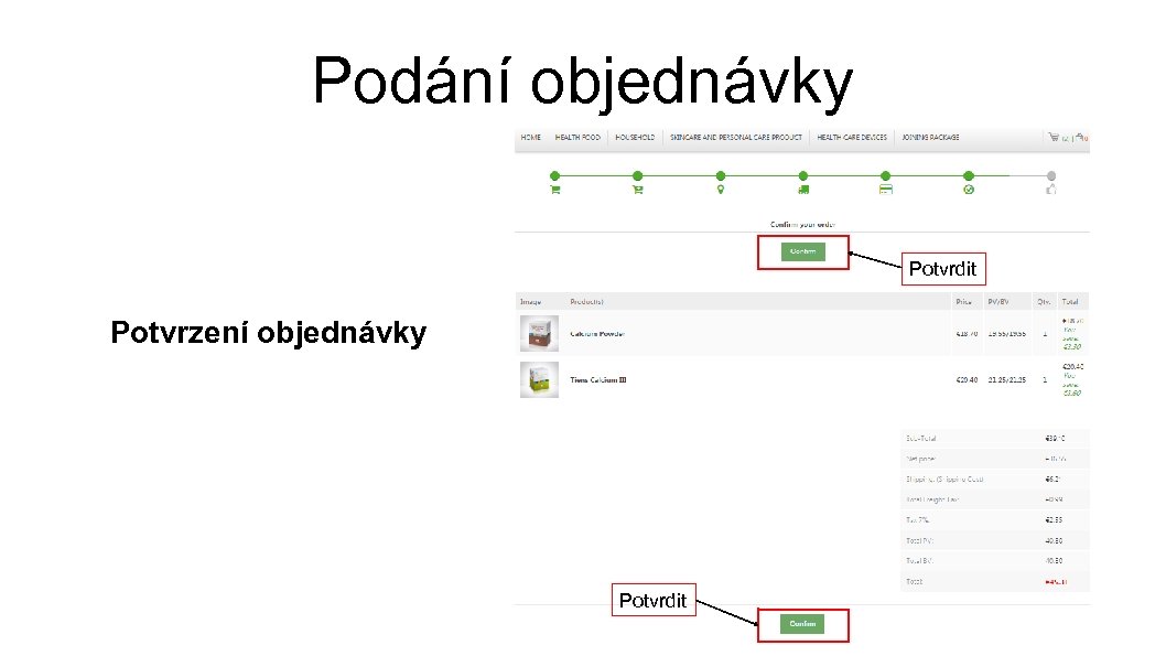 Podání objednávky Potvrdit Potvrzení objednávky Potvrdit 