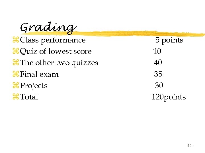 Grading z Class performance z Quiz of lowest score z The other two quizzes