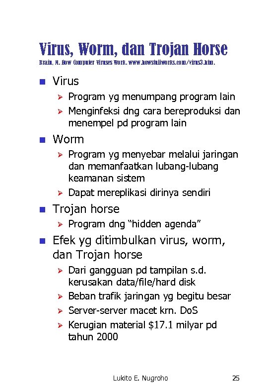 Virus, Worm, dan Trojan Horse Brain, M. How Computer Viruses Work. www. howstuffworks. com/virus