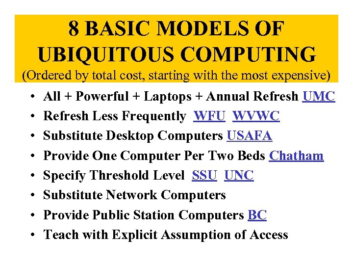 8 BASIC MODELS OF UBIQUITOUS COMPUTING (Ordered by total cost, starting with the most