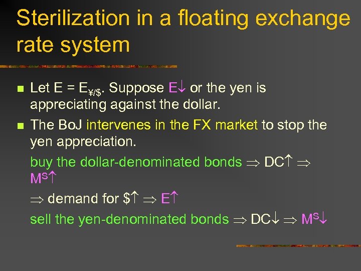 Sterilization in a floating exchange rate system n n Let E = E¥/$. Suppose