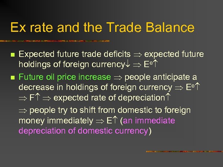 Ex rate and the Trade Balance n n Expected future trade deficits expected future