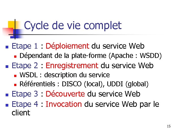 Cycle de vie complet n Etape 1 : Déploiement du service Web n n