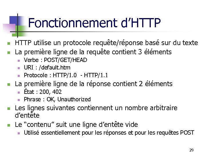 Fonctionnement d’HTTP n n HTTP utilise un protocole requête/réponse basé sur du texte La