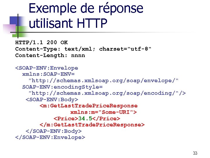 Exemple de réponse utilisant HTTP/1. 1 200 OK Content-Type: text/xml; charset="utf-8" Content-Length: nnnn <SOAP-ENV: