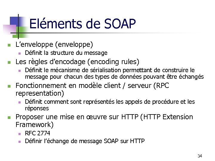 Eléments de SOAP n L’enveloppe (enveloppe) n n Les règles d’encodage (encoding rules) n