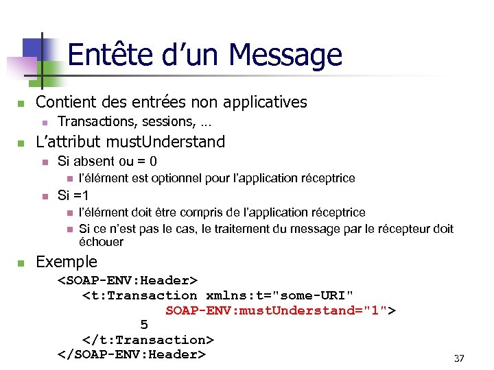 Entête d’un Message n Contient des entrées non applicatives n n Transactions, sessions, …