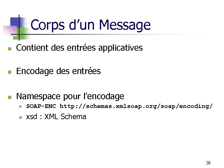 Corps d’un Message n Contient des entrées applicatives n Encodage des entrées n Namespace