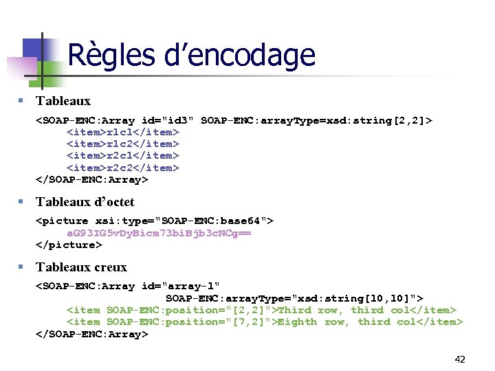 Règles d’encodage § Tableaux <SOAP-ENC: Array id="id 3" SOAP-ENC: array. Type=xsd: string[2, 2]> <item>r