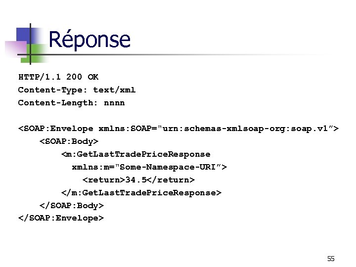Réponse HTTP/1. 1 200 OK Content-Type: text/xml Content-Length: nnnn <SOAP: Envelope xmlns: SOAP="urn: schemas-xmlsoap-org: