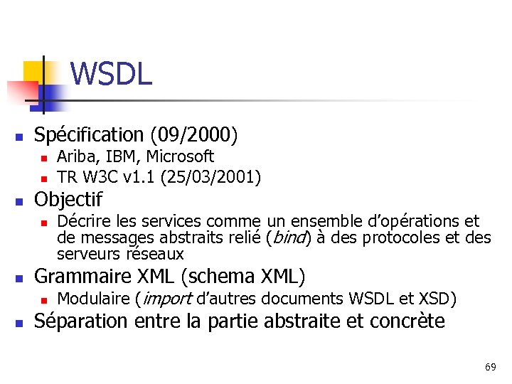 WSDL n Spécification (09/2000) n n n Objectif n n Décrire les services comme
