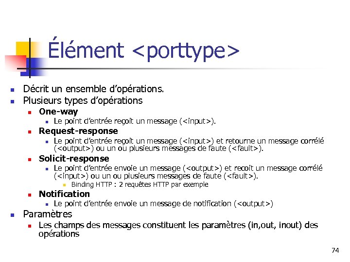 Élément <porttype> n n Décrit un ensemble d’opérations. Plusieurs types d’opérations n One-way n