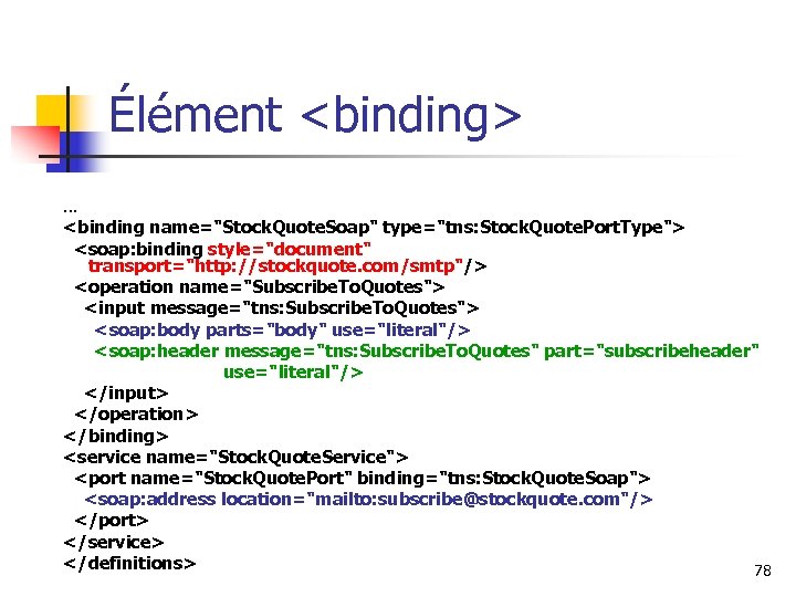 Élément <binding> … <binding name="Stock. Quote. Soap" type="tns: Stock. Quote. Port. Type"> <soap: binding