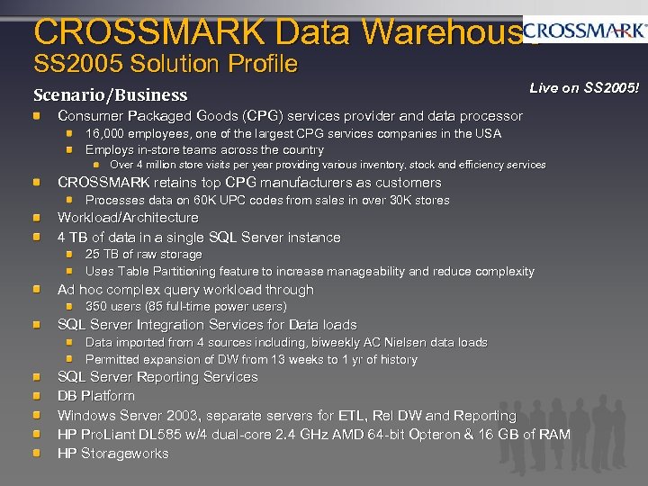 CROSSMARK Data Warehouse SS 2005 Solution Profile Scenario/Business Live on SS 2005! Consumer Packaged