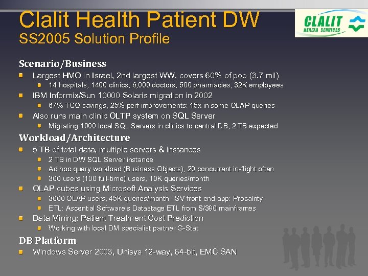 Clalit Health Patient DW SS 2005 Solution Profile Scenario/Business Largest HMO in Israel, 2