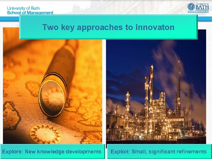 Two key approaches to innovaton Explore: New knowledge developments Exploit: Small, significant refinements 