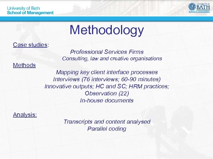 Methodology Case studies: Professional Services Firms Consulting, law and creative organisations Methods Mapping key
