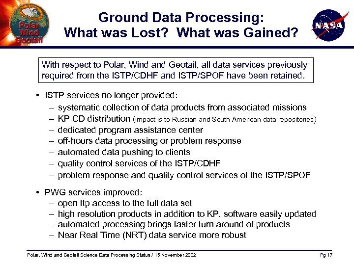 Ground Data Processing: What was Lost? What was Gained? With respect to Polar, Wind