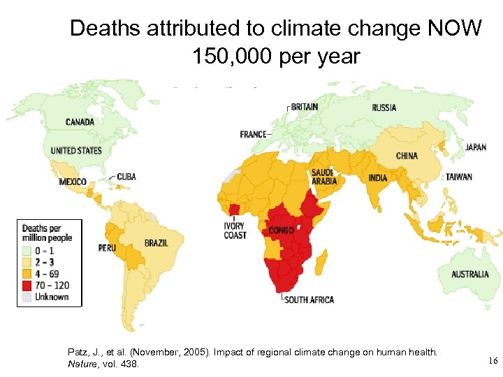 Deaths attributed to climate change NOW 150, 000 per year xxx Patz, J. ,