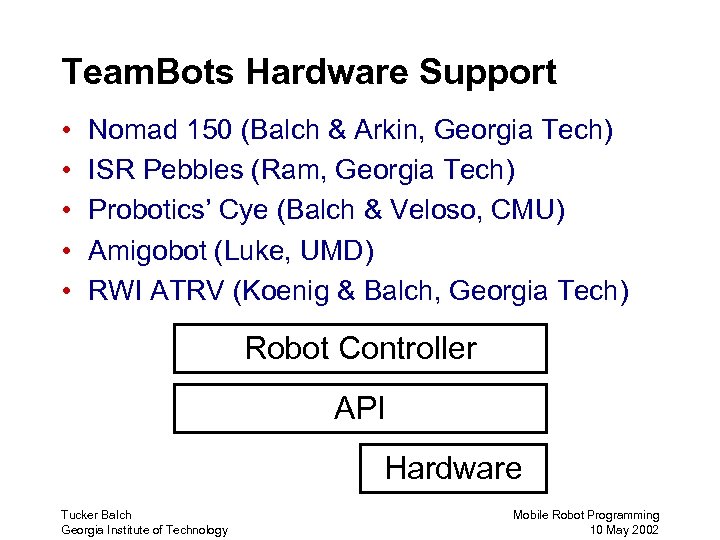 Team. Bots Hardware Support • • • Nomad 150 (Balch & Arkin, Georgia Tech)
