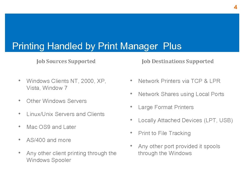 4 Printing Handled by Print Manager Plus Job Sources Supported • Windows Clients NT,