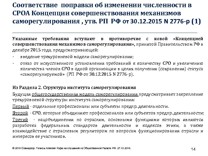 Соответствие поправки об изменении численности в СРОА Концепции совершенствования механизмов саморегулирования , утв. РП