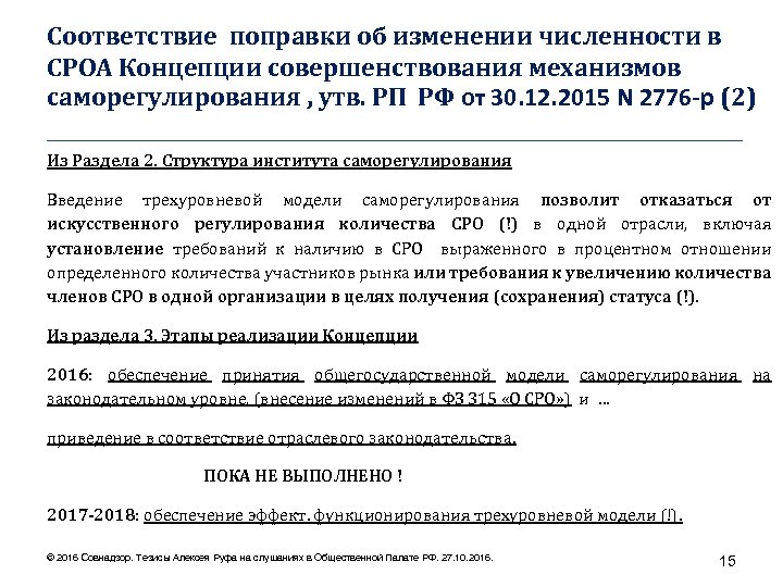 Соответствие поправки об изменении численности в СРОА Концепции совершенствования механизмов саморегулирования , утв. РП