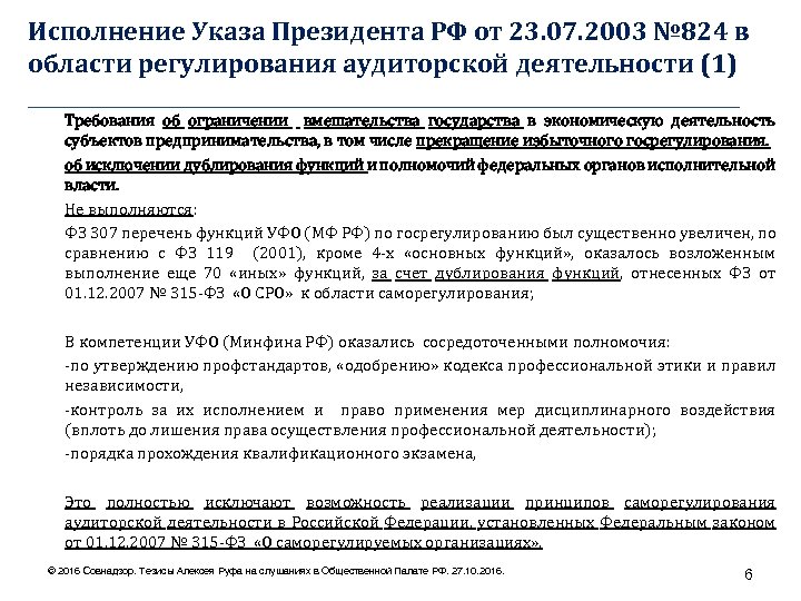 Исполнение Указа Президента РФ от 23. 07. 2003 № 824 в области регулирования аудиторской