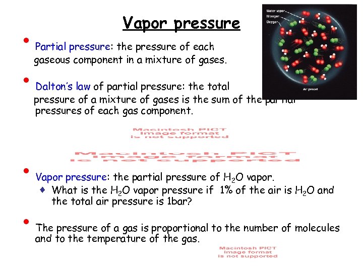  • • Vapor pressure Partial pressure: the pressure of each gaseous component in