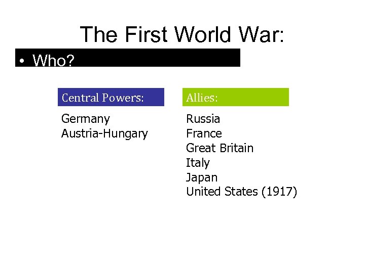 The First World War: • Who? Central Powers: Allies: Germany Austria-Hungary Russia France Great