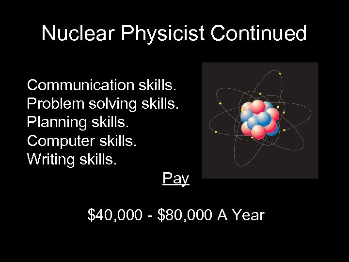 Nuclear Physicist Continued Communication skills. Problem solving skills. Planning skills. Computer skills. Writing skills.