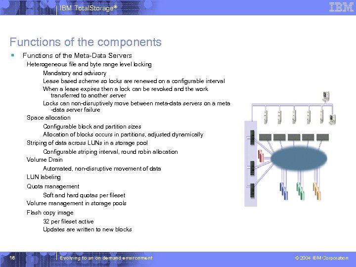 IBM Total. Storage® Functions of the components § Functions of the Meta-Data Servers Heterogeneous