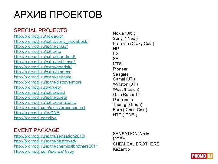 АРХИВ ПРОЕКТОВ SPECIAL PROJECTS http: //promodj. ru/nokia/x 6/ http: //promodj. ru/extra/sony_nex/about/ http: //promodj. ru/extra/crazy/