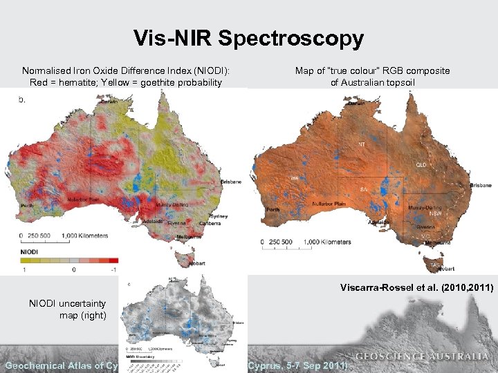 Vis-NIR Spectroscopy Normalised Iron Oxide Difference Index (NIODI): Red = hematite; Yellow = goethite