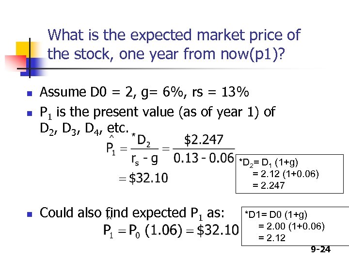 What is the expected market price of the stock, one year from now(p 1)?