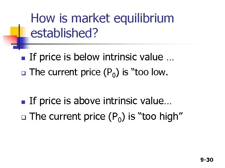 How is market equilibrium established? n If price is below intrinsic value … q