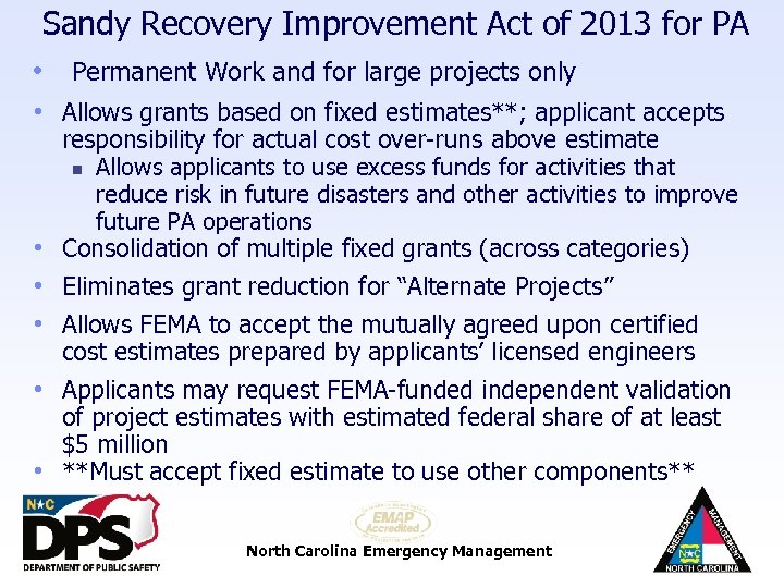 Sandy Recovery Improvement Act of 2013 for PA • Permanent Work and for large