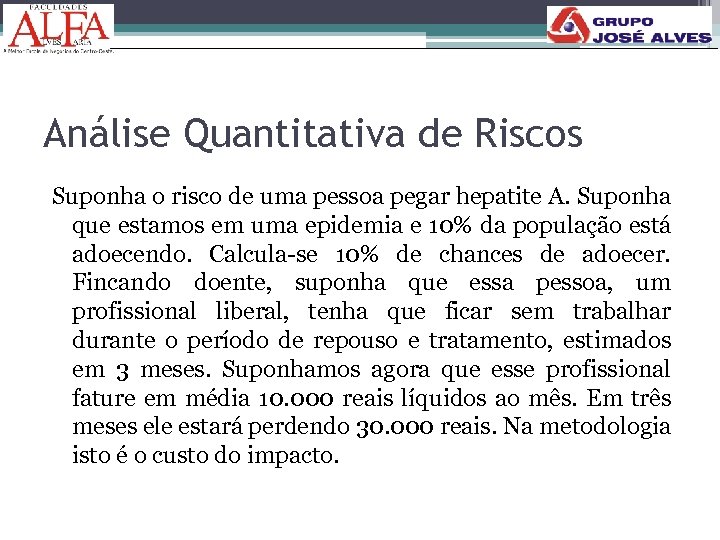 Análise Quantitativa de Riscos Suponha o risco de uma pessoa pegar hepatite A. Suponha