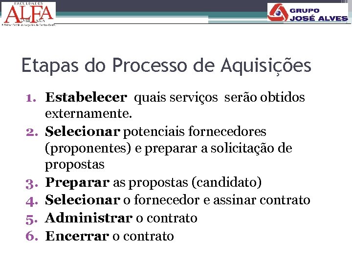 Etapas do Processo de Aquisições 1. Estabelecer quais serviços serão obtidos externamente. 2. Selecionar