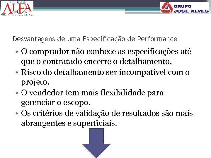 Desvantagens de uma Especificação de Performance • O comprador não conhece as especificações até