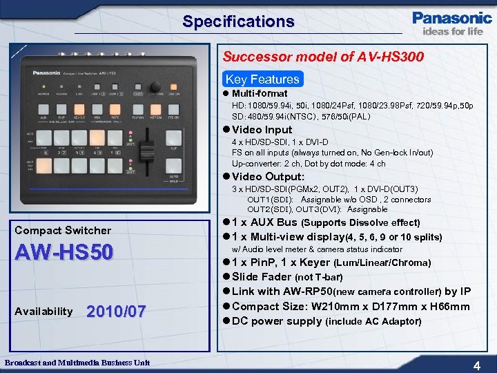 Specifications Successor model of AV-HS 300 Key Features l Multi-format HD： 1080/59. 94 i,