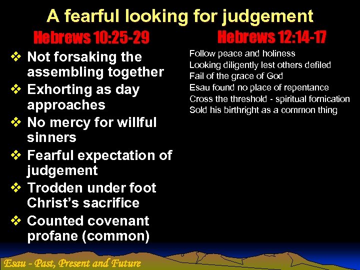 A fearful looking for judgement Hebrews 10: 25 -29 Hebrews 12: 14 -17 v