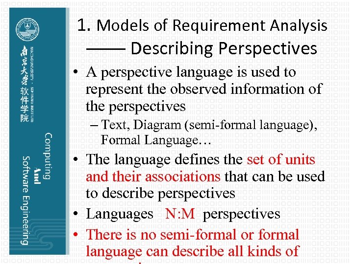 1. Models of Requirement Analysis —— Describing Perspectives • A perspective language is used