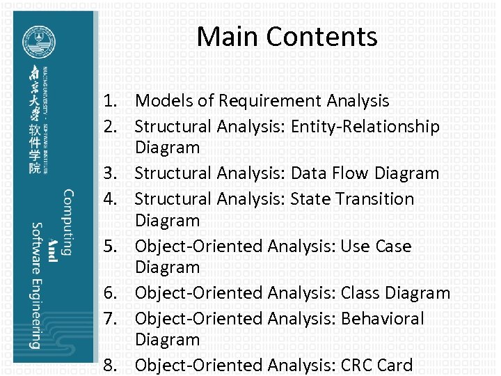 Main Contents 1. Models of Requirement Analysis 2. Structural Analysis: Entity-Relationship Diagram 3. Structural