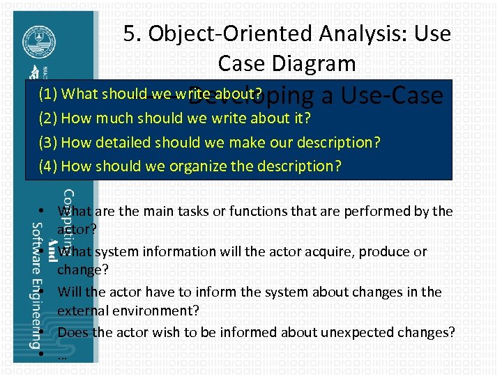 5. Object-Oriented Analysis: Use Case Diagram (1) What should we write about? —— Developing